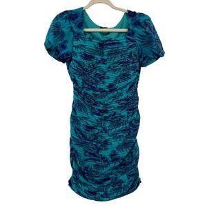 Tokyo Talkies Women's Turquoise Ruched Tropical Print Square Neck Mini Dress  M‎